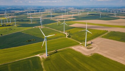 Obraz premium Aerial view of wind turbines over farmland