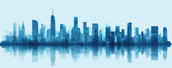 Fototapeta premium Stylized blue skyline silhouette reflecting on calm waters during twilight.