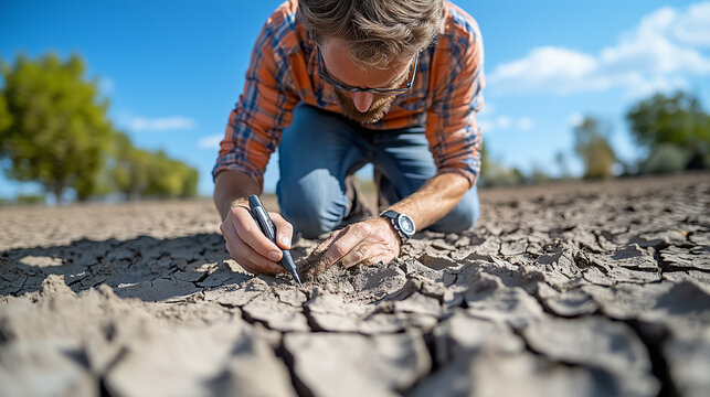 Researcher examines cracked soil in a drought-affected area during midday under clear blue sky