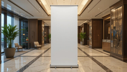 Obraz premium Vertical Blank Advertising Banner in a Modern Hotel Lobby with Glass Walls