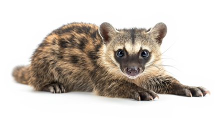 A close-up of a curious wild animal with distinctive markings, resting indoors