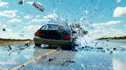 depiction of a car crash where the road itself shatters like glass upon impact 