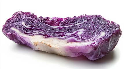 Obraz premium A crisp slice of red cabbage, intricate purple and white textures, isolated on white 