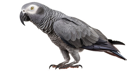 Fototapeta premium Captivating African Grey Parrot Standing in Profile Against a White Background