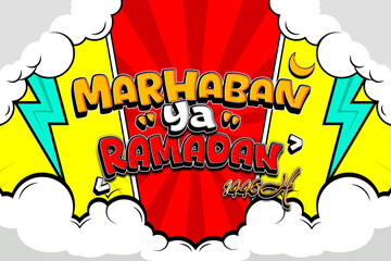 Marhaban Ya Ramadan Illustration with Decorative Cloud and Crescent Moon Design