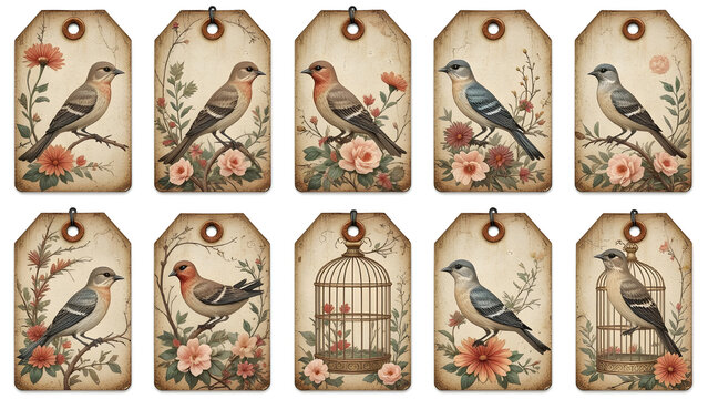 Set of 10 Vintage Style Bird Tags &ndash; Collage Sheet with Birds, Flowers & Cages.