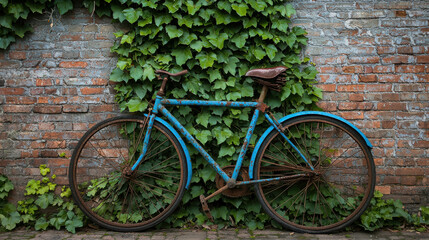 Classic Bicycle with Faded Blue Paint Leaning Against a Weathered Brick Wall