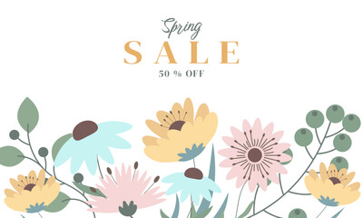 Hello Spring Sale Banner with Нand Drawn Flowers. Cute Background for Spring or Summer Banner. Hand Drawn Floral Art Template for Womens Day March 8, Birthday, Mothers Day, Weddings, Sale, Invitation.