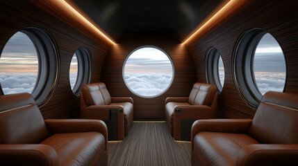 Luxurious Private Jet Interior with Plush Leather Seating and Scenic Cloud View