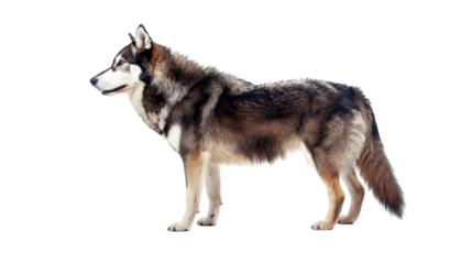 Majestic wolf standing in profile against a white background, showcasing its fur