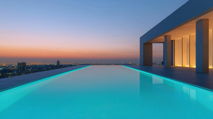 Fototapeta premium Luxurious Rooftop Infinity Pool Overlooking Bustling City at Sunset