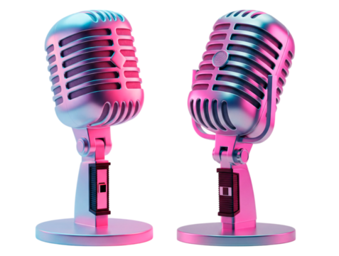 Retro futuristic 3D neon microphone with holographic chrome finish and vibrant vaporwave colors on transparent background