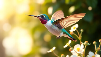 Fototapeta premium Vibrant Hummingbird in Flight: Capturing Nature's Beauty in Colorful Botanical Gardens