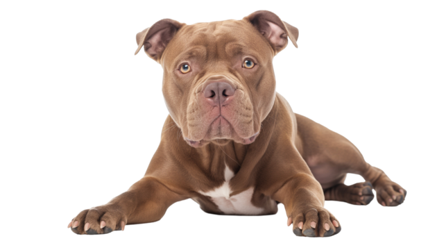 Brown pit bull dog lying down with a relaxed expression on a white background