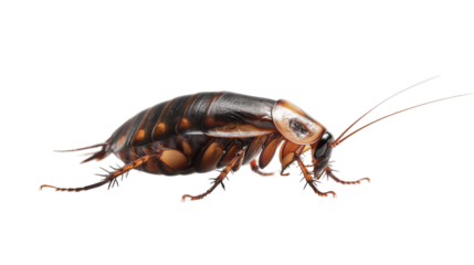 Close-up of a cockroach crawling on a surface, highlighting its detailed anatomy
