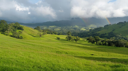 Obraz premium Lush green hills under cloudy skies with rainbow