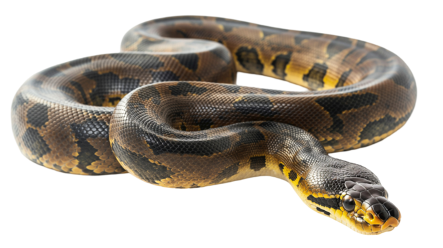 A close-up of a vibrant, coiled python displaying intricate patterns, isolated