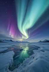 Fototapeta premium Spectacular Aurora Borealis Over Frozen Landscape with Ice Reflection and Stars