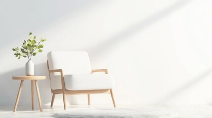 Fototapeta premium A cozy Scandinavian living room with a fireplace, a comfortable armchair, a sheepskin rug, and a wooden side table with a vase of fresh flowers.