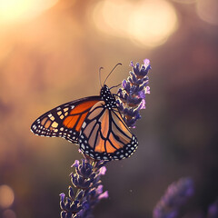 Butterfly resting on purple flower during golden hour in nature. Generative AI