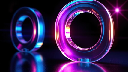 A transparent, three-dimensional number zero with a glossy rainbow sheen. Dark black background.