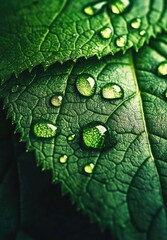 Fototapeta premium Close-up of dew drops on vibrant green leaves. (1)