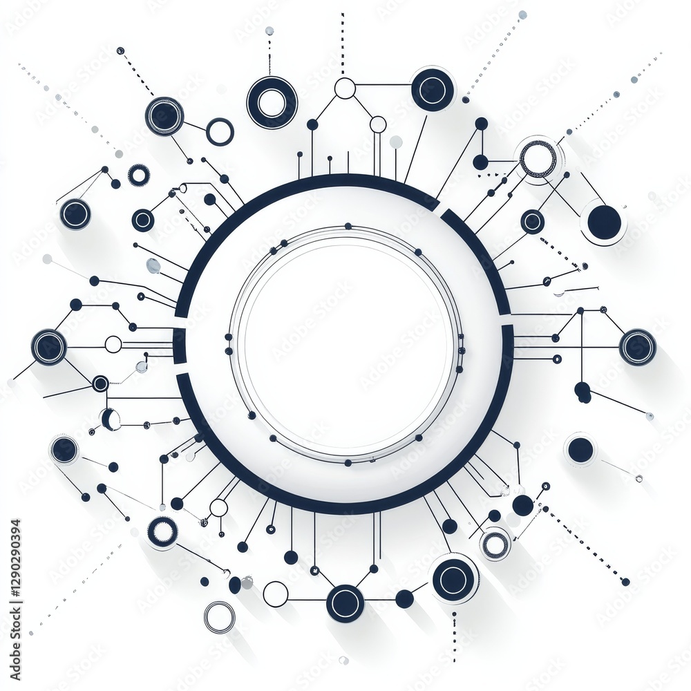 Aufkleber Abstract Network Connection: Circular Data Structure with Nodes, Lines, and Technological Aesthetic on White