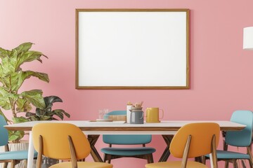 Dining room with Danish influence, colorful, pink wall with mockup frame.