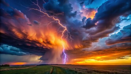 Obraz premium Majestic Storm with Lightning Striking Dramatic Orange Clouds