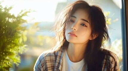 A thoughtful young woman gazes out a sunlit window, perfect for summer-themed content, wellness campaigns, and reflective lifestyle blogs.