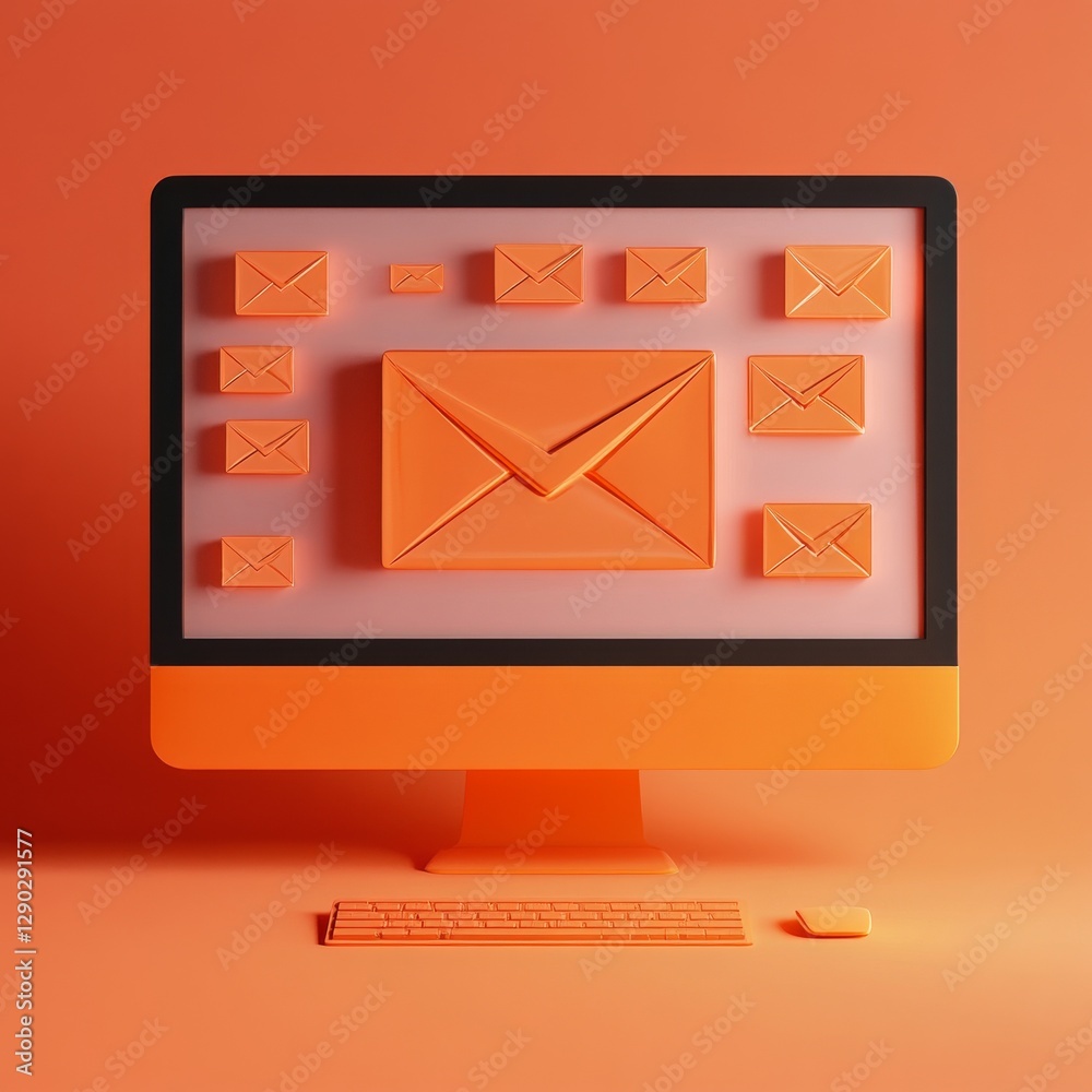 Aufkleber Orange E-mail Inbox: Abstract Computer Screen Displaying Multiple Digital Letter Icons for Online Communication