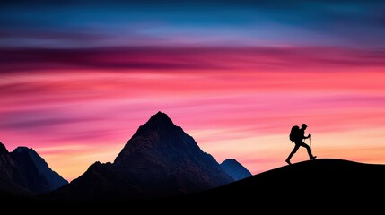 A lone hiker silhouetted against the dramatic silhouette of a mountain range as the sun rises behind it, casting long shadows across the valley below and illuminating the sky with warm colors.