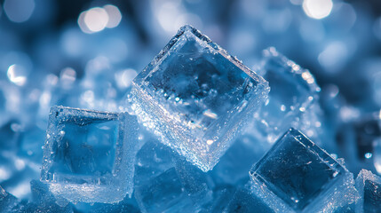 Obraz premium Ice cubes glistening under soft blue light create an inviting texture perfect for cooling beverages at any gathering or event