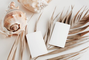 Card blank mockup paper, Seashells and dry palm leaf on beige   background top view flat lay. Copy...