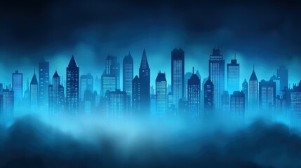 A stunning cityscape panorama with towering skyscrapers illuminated by the first rays of sunlight, casting long shadows across the urban landscape and contrasting with the dark blue pre dawn sky.