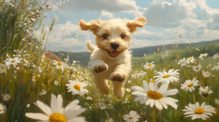countryside picnic with a playful puppy running through a field of daisies  © Issara