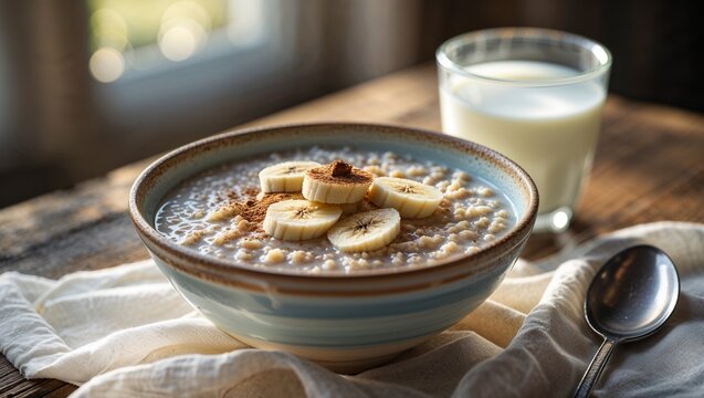 Milk and butter porridge, healthy breakfast, saurce of slow carbohydrates, Healthy breakfast bowl of oatmeal topped with banana slices and nuts, served with a glass of milk in natural light
