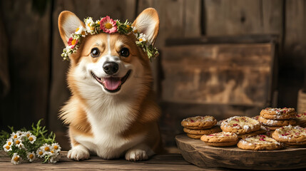 wearing a tiny flower crown, sitting beside a rustic wooden table filled with homemade treats 