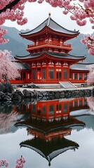 Naklejka premium Red temple, cherry blossoms, reflection, spring, Japan