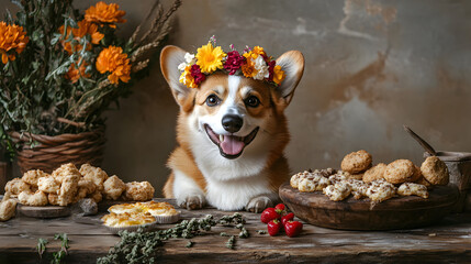 wearing a tiny flower crown, sitting beside a rustic wooden table filled with homemade treats 