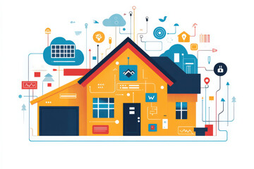 Smart home illustration with connected devices and technology symbols, showcasing modern house integrated with digital systems for automation and energy efficiency