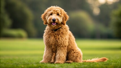 Golden Doodle's playful grin in a lush green park, basking in the afternoon sun.