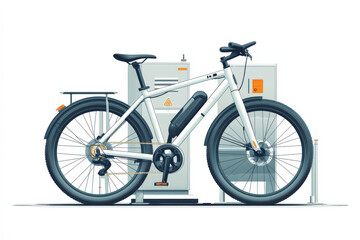 Fototapeta premium Electric bicycle with sleek design parked near charging station, showcasing modern transportation and eco friendly technology. bike features sturdy frame and efficient battery system