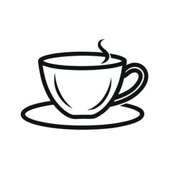 Simple line art illustration of a coffee cup with smoke and saucer vector illustration isolated on white background