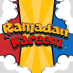 Colorful Ramadan Kareem Poster in Comic Style with Clouds and Sparkles