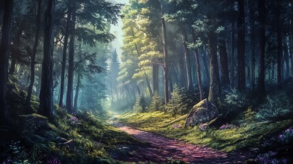 Fototapeta premium Magical forest path with sunlight streaming through trees.