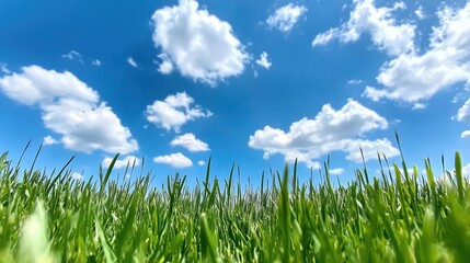 A wide angle shot of a vibrant green meadow stretching out beneath a boundless blue sky, scattered with puffy white clouds that drift lazily by.