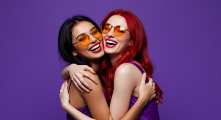Fototapeta premium Two Women Hugging and Laughing in Sunglasses Against a Purple Background