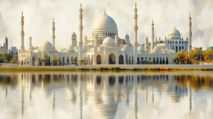 Fototapeta premium White Mosque Reflects on Calm Water