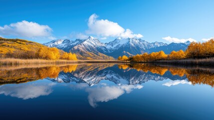 Fototapeta premium A mountain lake reflecting the snow capped peaks and clouds above, creating a mirror like surface that doubles the beauty of the scene.